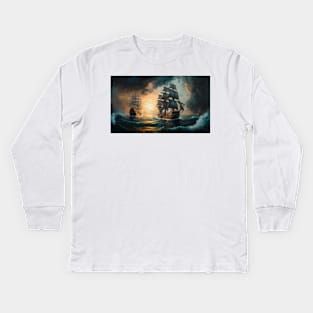 Naval Battle Between Pirate Sailing Ships, Caribbean Seascape #7 Kids Long Sleeve T-Shirt